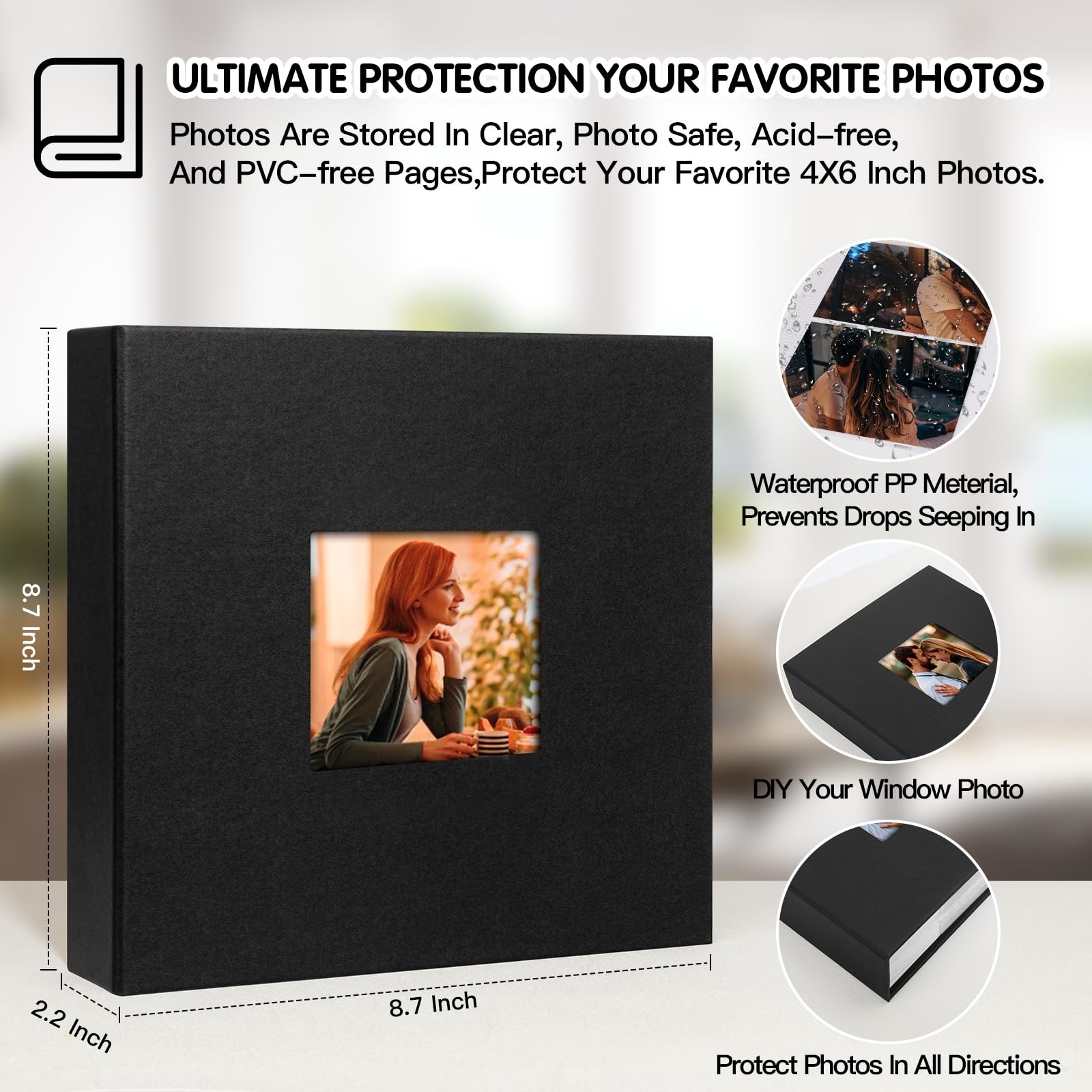 Photo Album 4×6 240 Photos with Writing Space Leather Cover Front Black