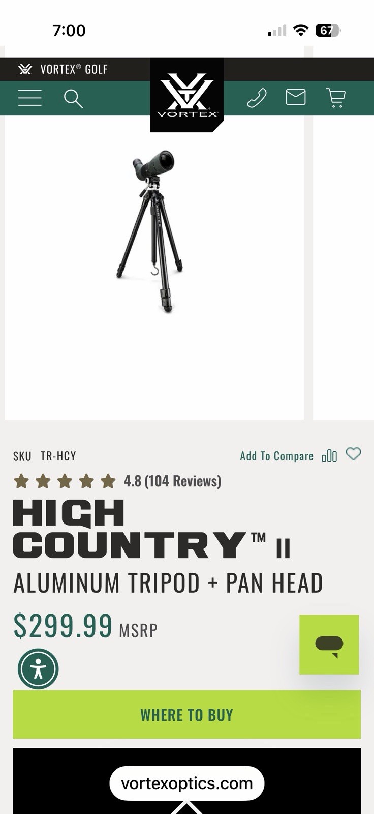 Vortex High Country II Aluminum Tripod 62.7in Max, 22lb Load Pan/Tilt Head