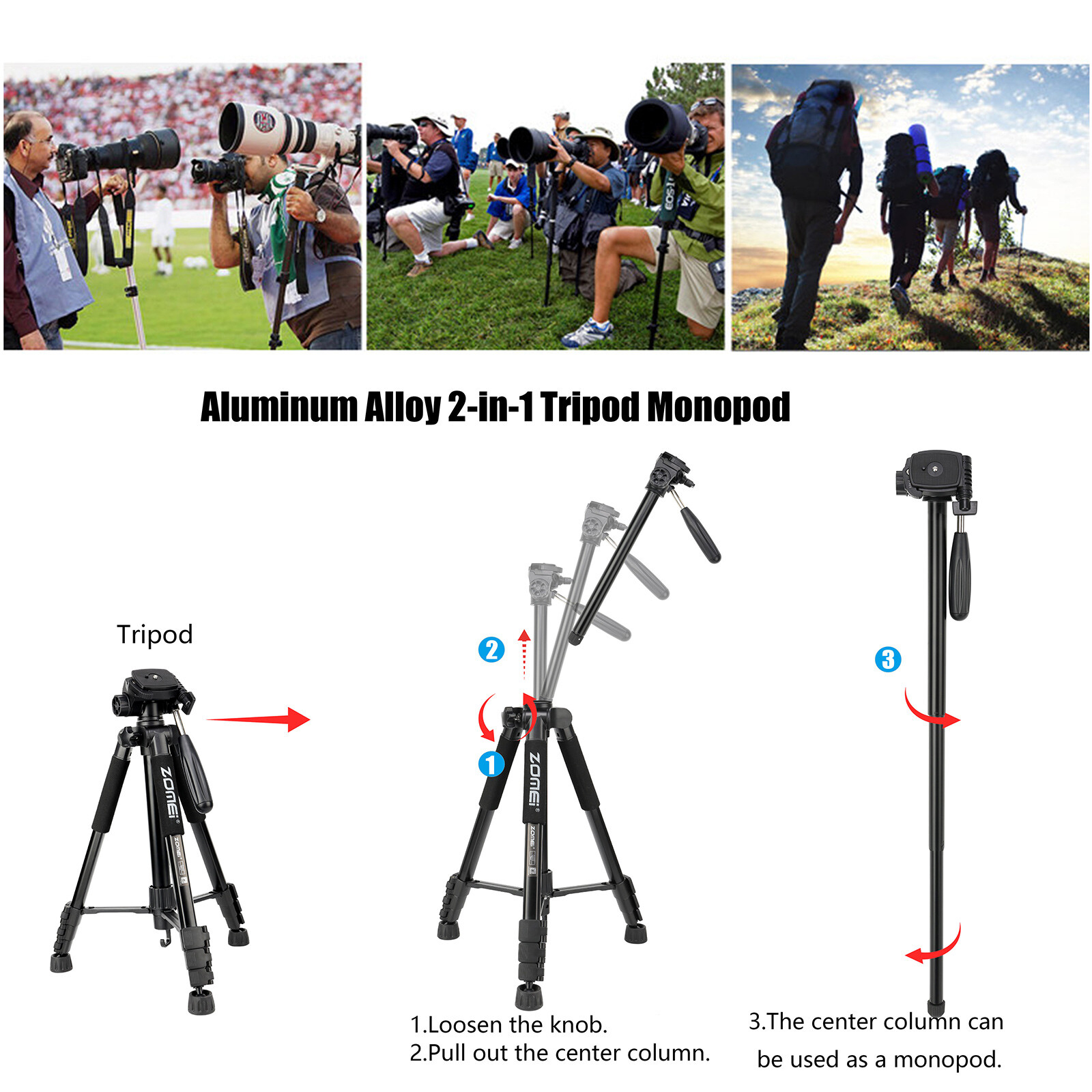ZOMEI Q222 Pro Tripod Monopod Lightweight Portable Travel Tripod for Camera