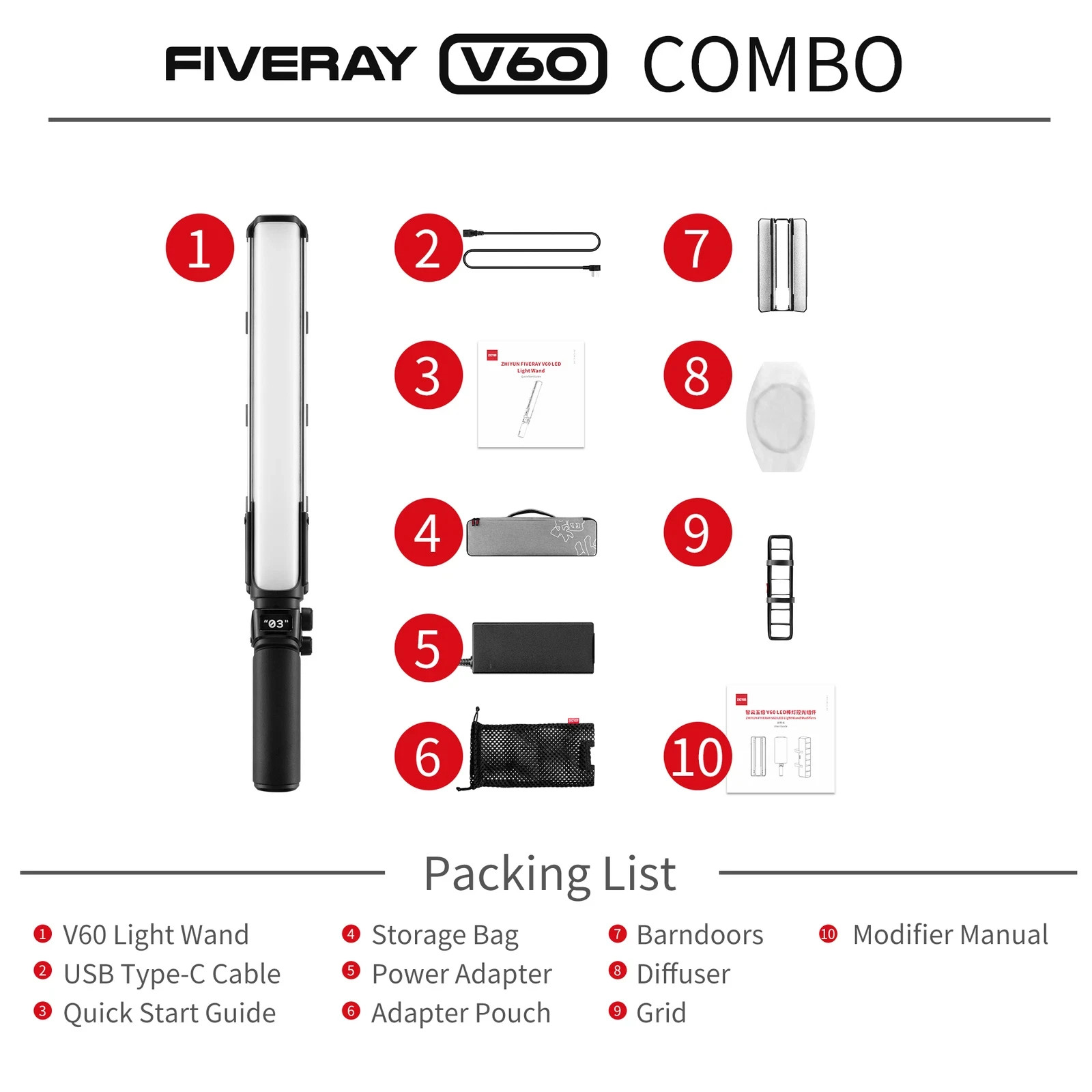 ZHIYUN FIVERAY V60 Combo 60W Bi-Color Handheld Led video Light 2700K~5500K