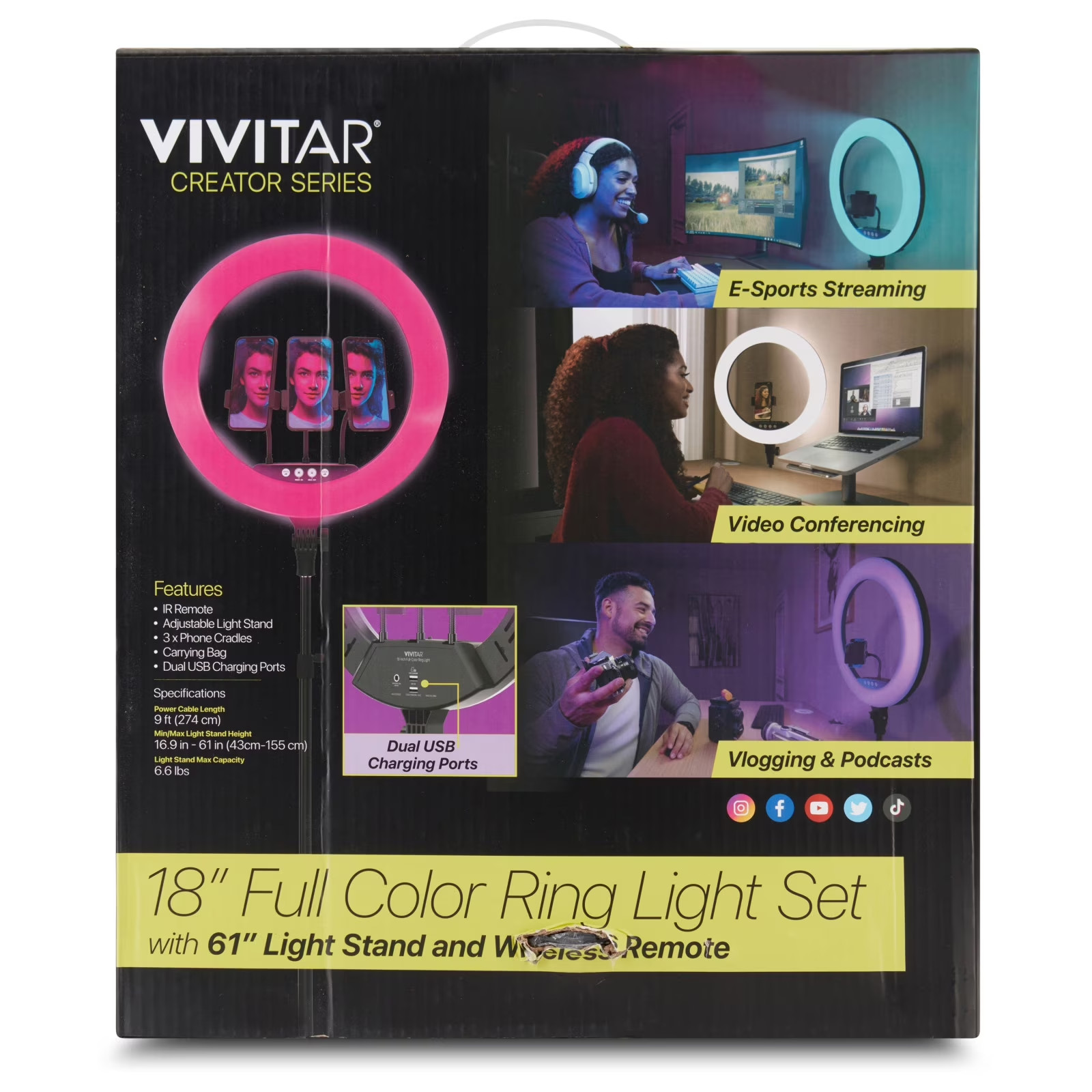 Vivitar 18″ LED RGB Ring Light with Tripod, Phone Holder USB Charging Ports