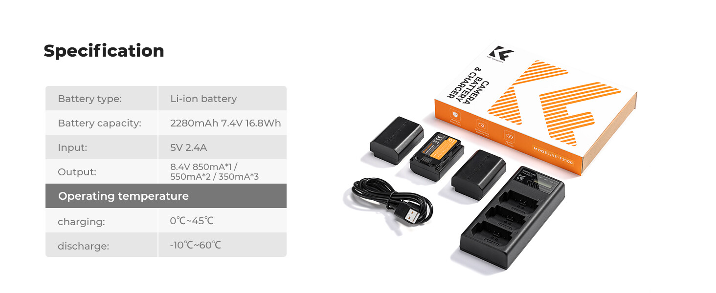 K&F Concept NP-FZ100 Battery and Three Slot Charger for Sony A7iii A7iv A6600