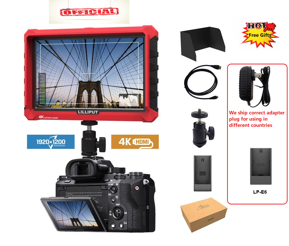 Lilliput A7s 7″1920×1200 4K HDMI DSLR Camera field monitor w/F970+LP-E6+AC ADA