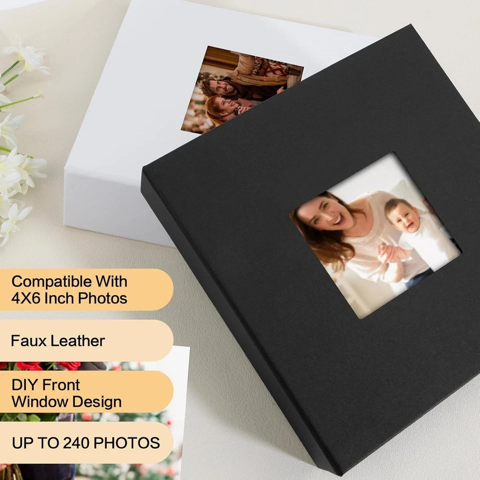 Photo Album 4×6 240 Photos with Writing Space Leather Cover Front Black