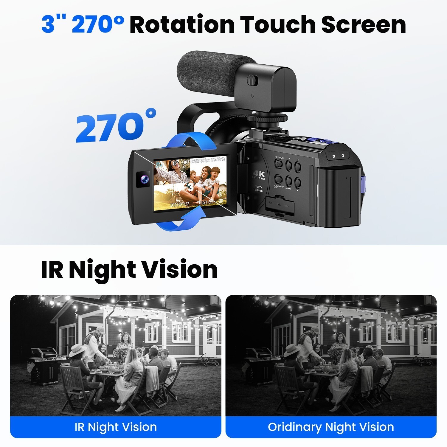 🔥5K Video Camera Camcorder, Digital Camera 56MP Dual Lens WiFi 3” 270° 16XZoom