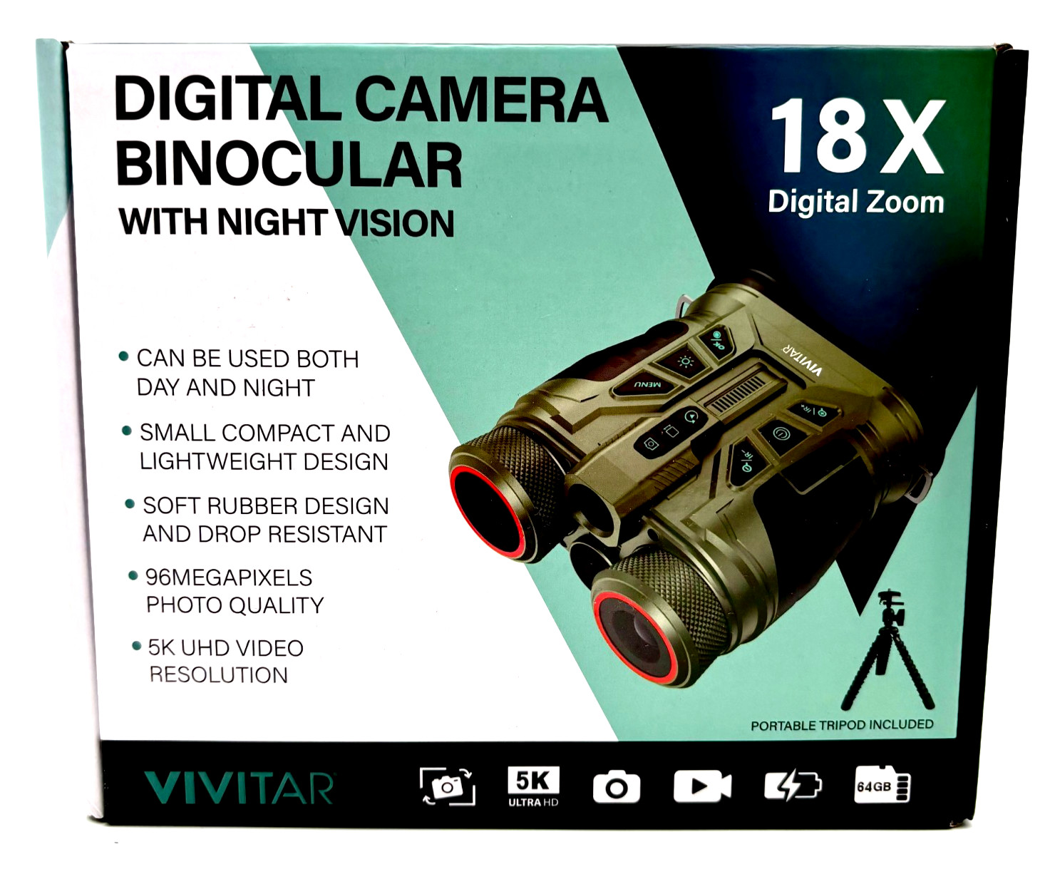 Vivitar 18X Zoom Digital Camera Binoculars Night Vision Tripod Green