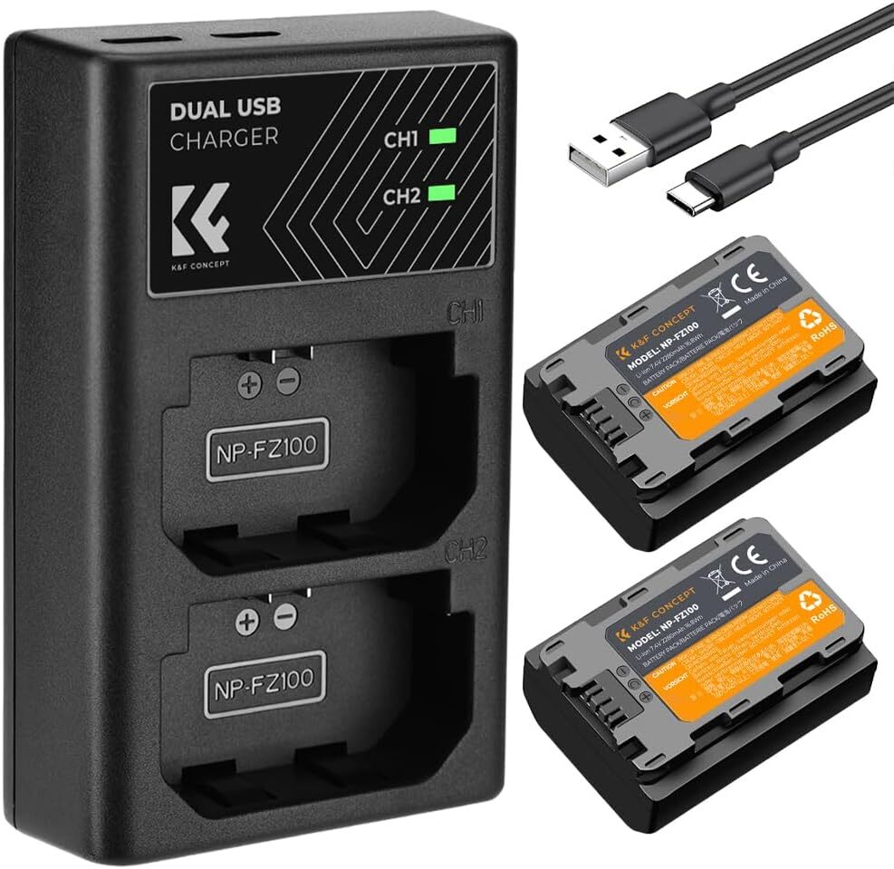 K&F Concept NP-FZ100 Battery and Dual Slot Charger Set for Sony A6700 A7iii A7C