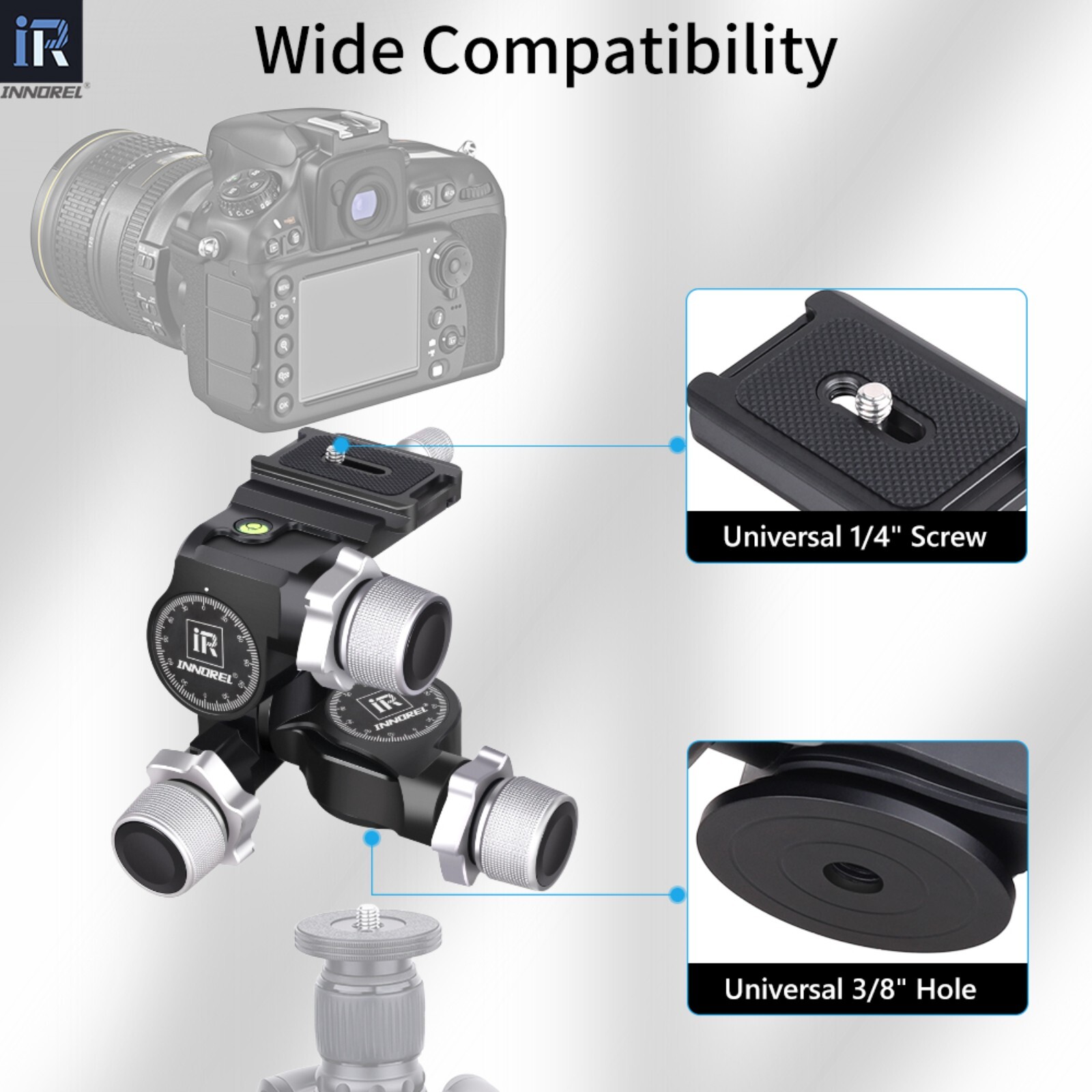GR5 3-Way Geared Tripod Head with Arca Type QR Plate Millimeter Micro Adjustment
