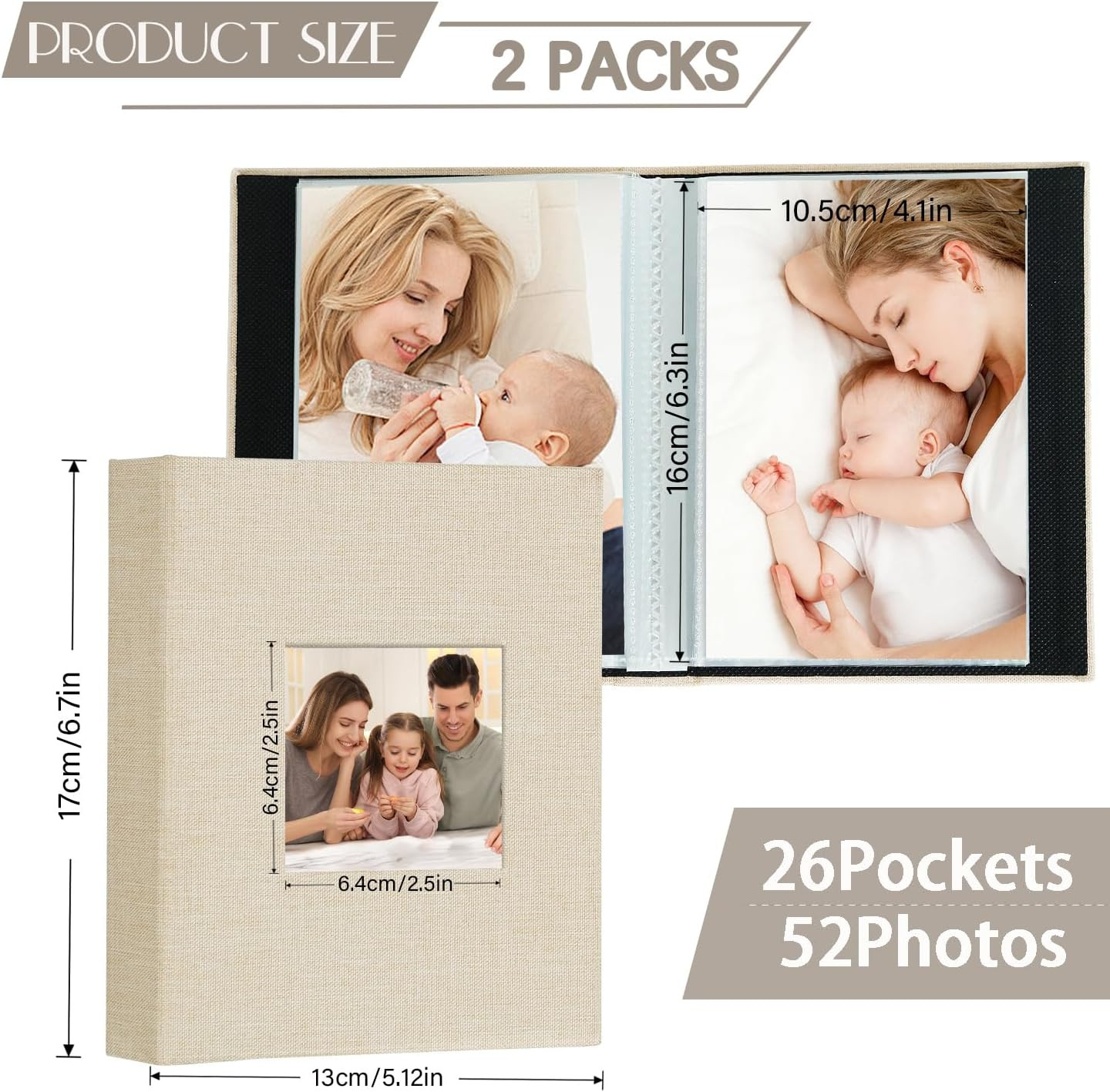 Mini Photo Album 4X6 50 Pockets 2 Pack, Linen Cover with Front Window Album Each