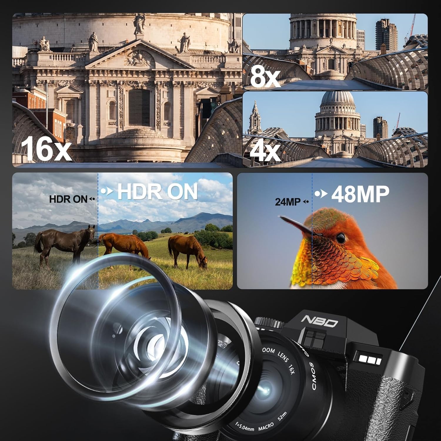 Digital Camera 4K 48MP 3” flip screen Video Camera YouTube with Tripod Grip Mic