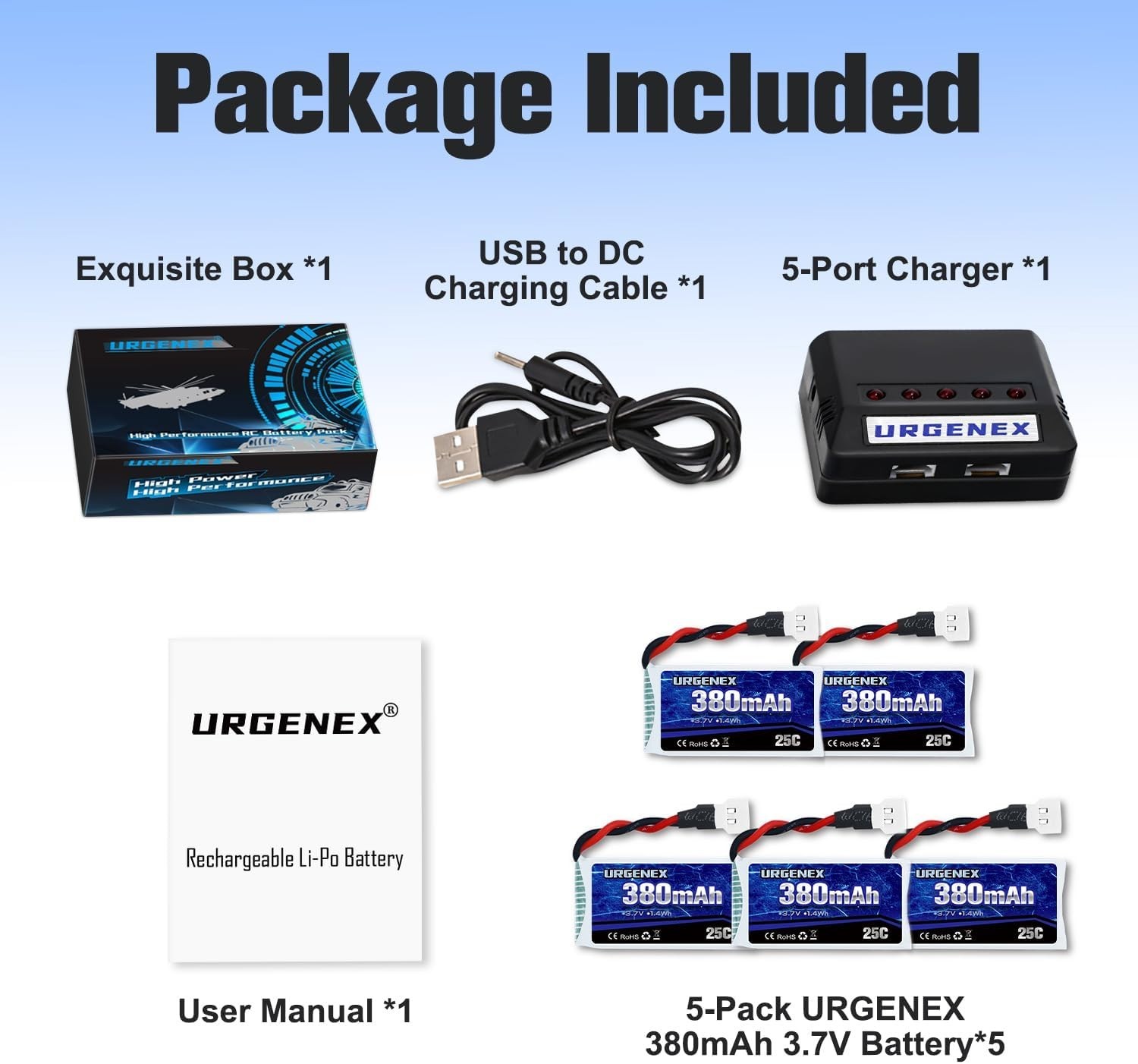 5PCS 3.7V 380mAh Drone Batteries with 5-in-1 Charger for Extended Flight Time
