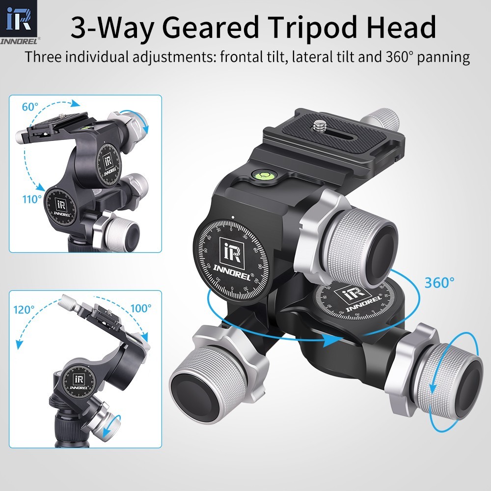 GR5 3-Way Geared Tripod Head with Arca Type QR Plate Millimeter Micro Adjustment