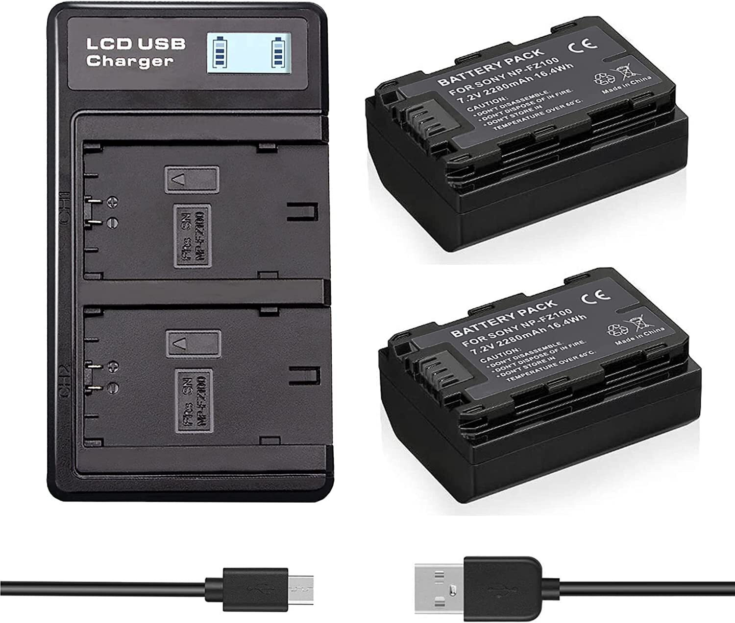 2 Pack 2280mAh Battery and Dual Charger for Sony NP-FZ100 and Sony Alpha A7III