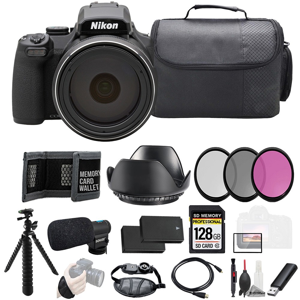 Nikon COOLPIX P1100 Digital Camera + Mic +128GB +Ext Bat+3PC Filter- Kit