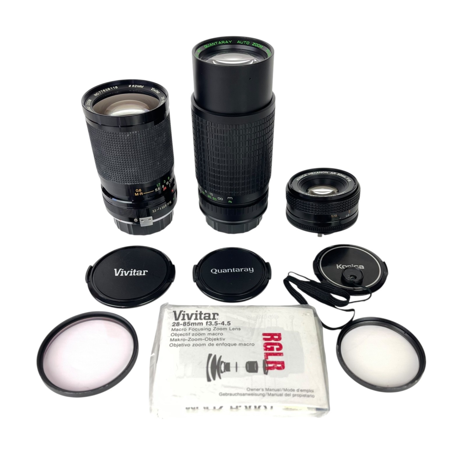 Three Konica AR Mount Lenses – 50mm Prime, 75-200mm Macro, 28-85mm Macro Vintage