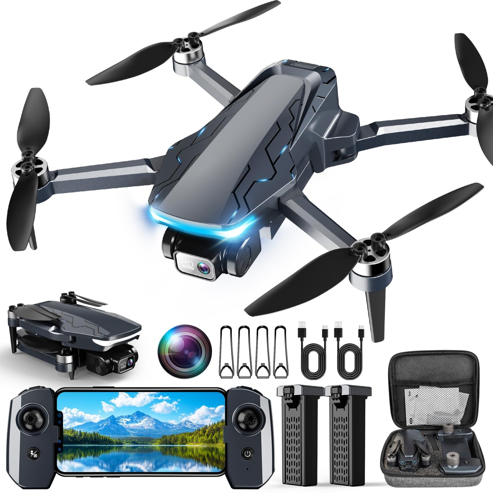 2K HD GPS Drone with Camera, Foldable FPV, Auto Return, Follow Me, 5G Transmissi