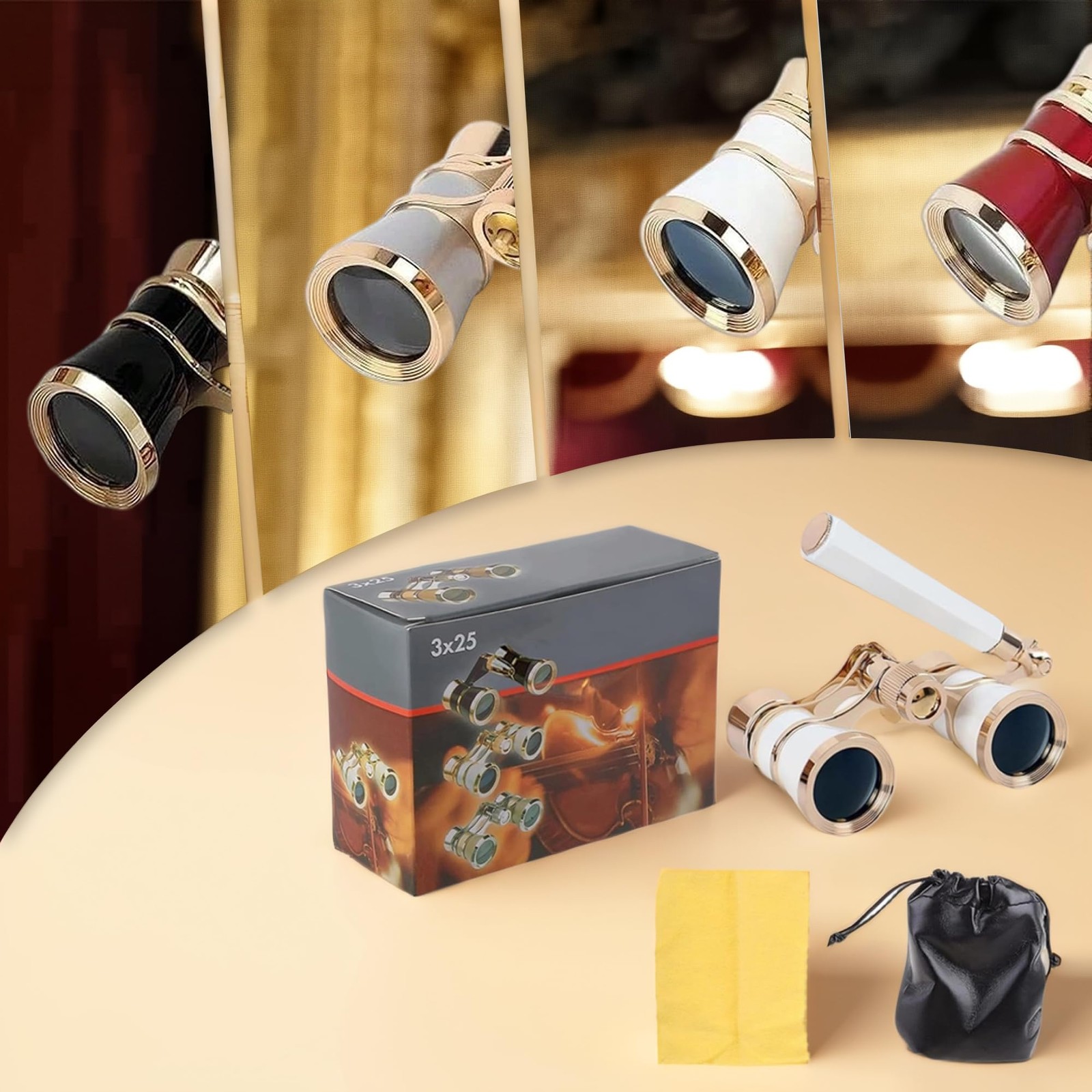 Opera Glasses Binoculars,3X25 3.54 x 1.96 x 1.18 inches, White with Handle