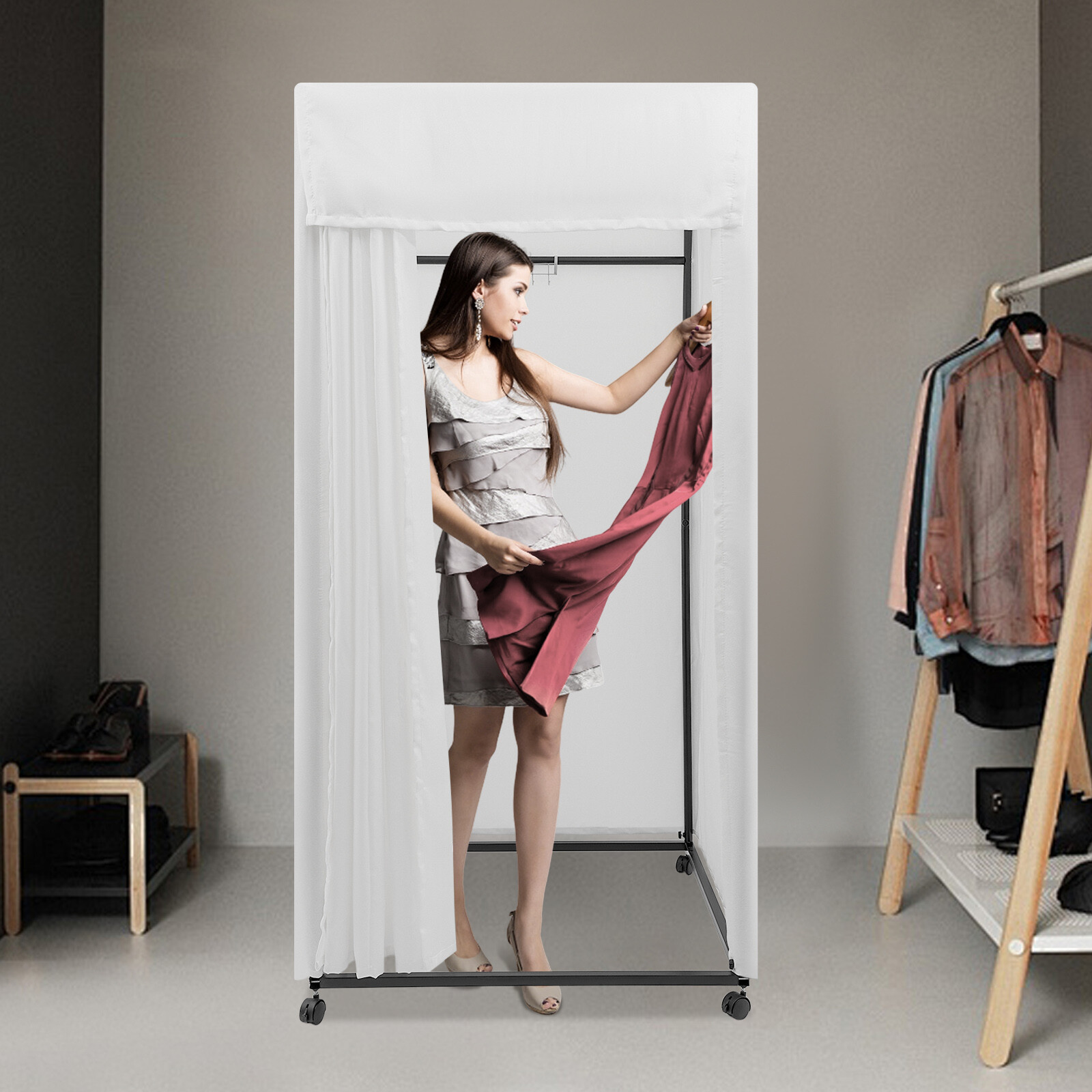 Portable Fitting Room Movable Freestanding Dressing Room W/ 4 Universal WheelsUS