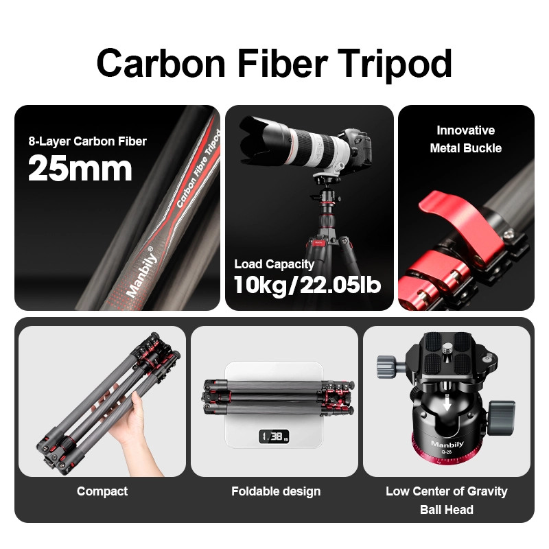 Manbily Camera Carbon fiber Travel Lightweight Tripod , Quick Deploy Design NEW