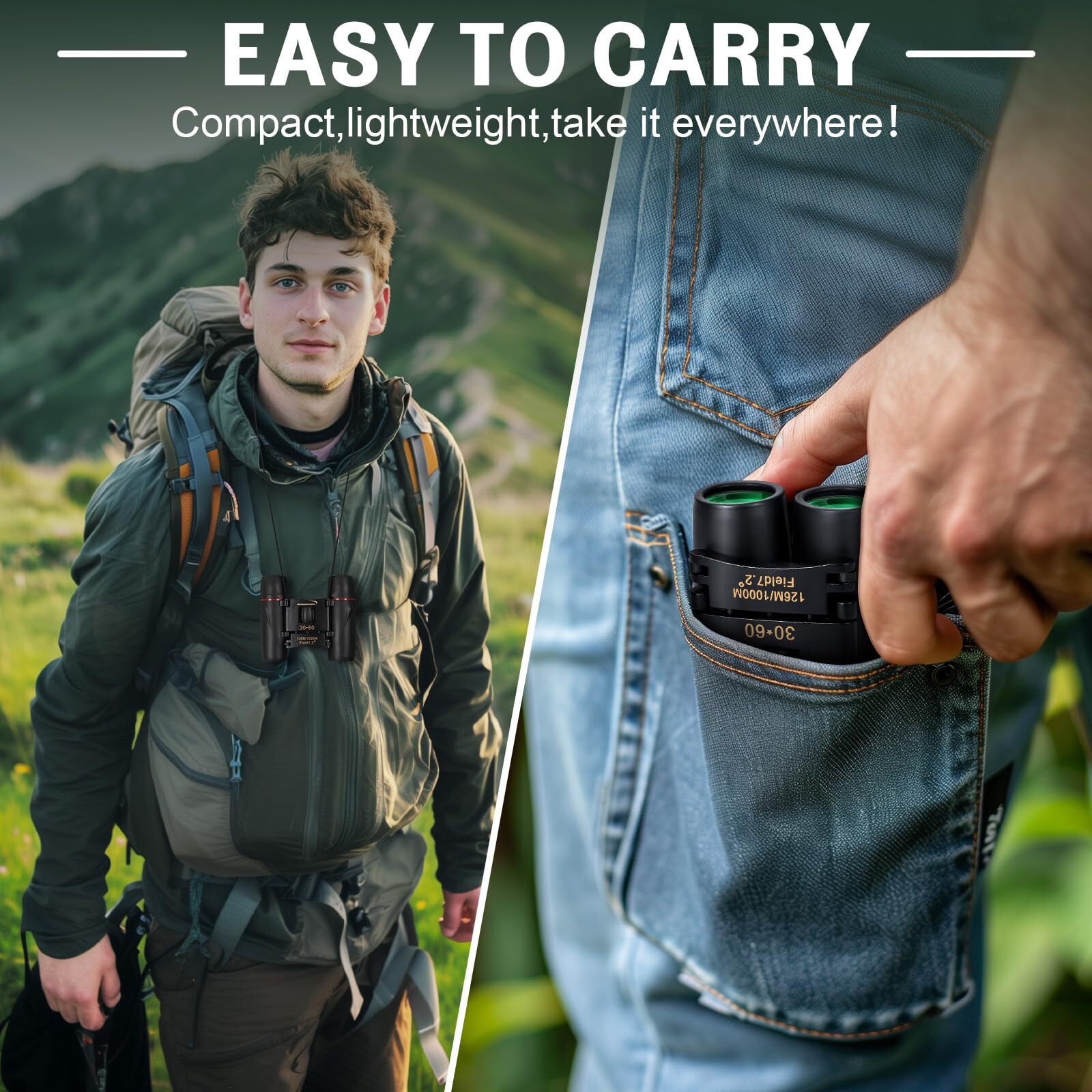 30×60 Compact Binoculars High Power Easy Focus for Bird Watching Travel