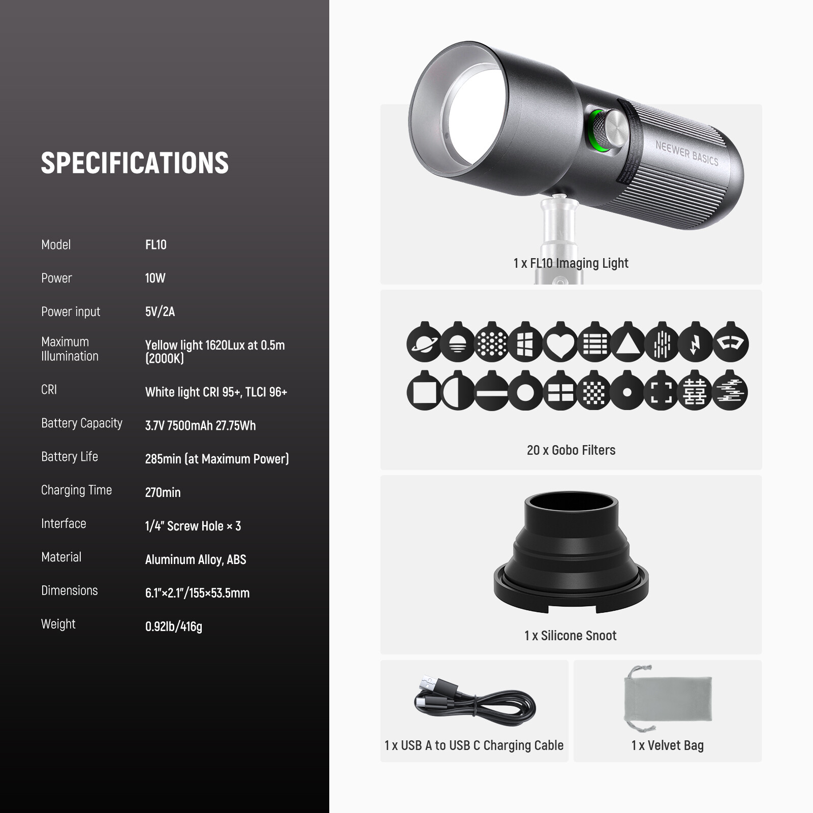 NEEWER RGB Flashlight, 4 Colors/20 Gobos, 10W 7500mAh, for Video/Studio, FL10D