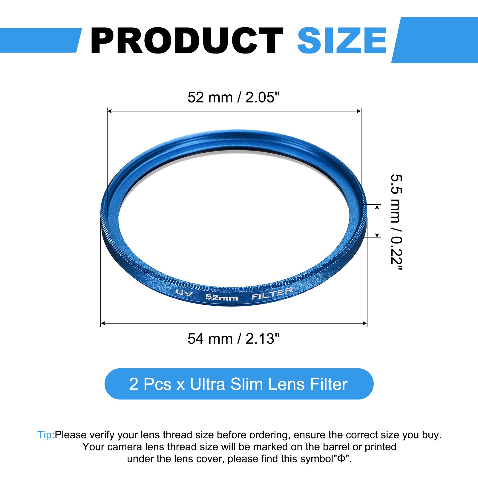 2Pcs 52mm Ultra Slim Lens Filter Multi Coating Camera Len Filter, Blue