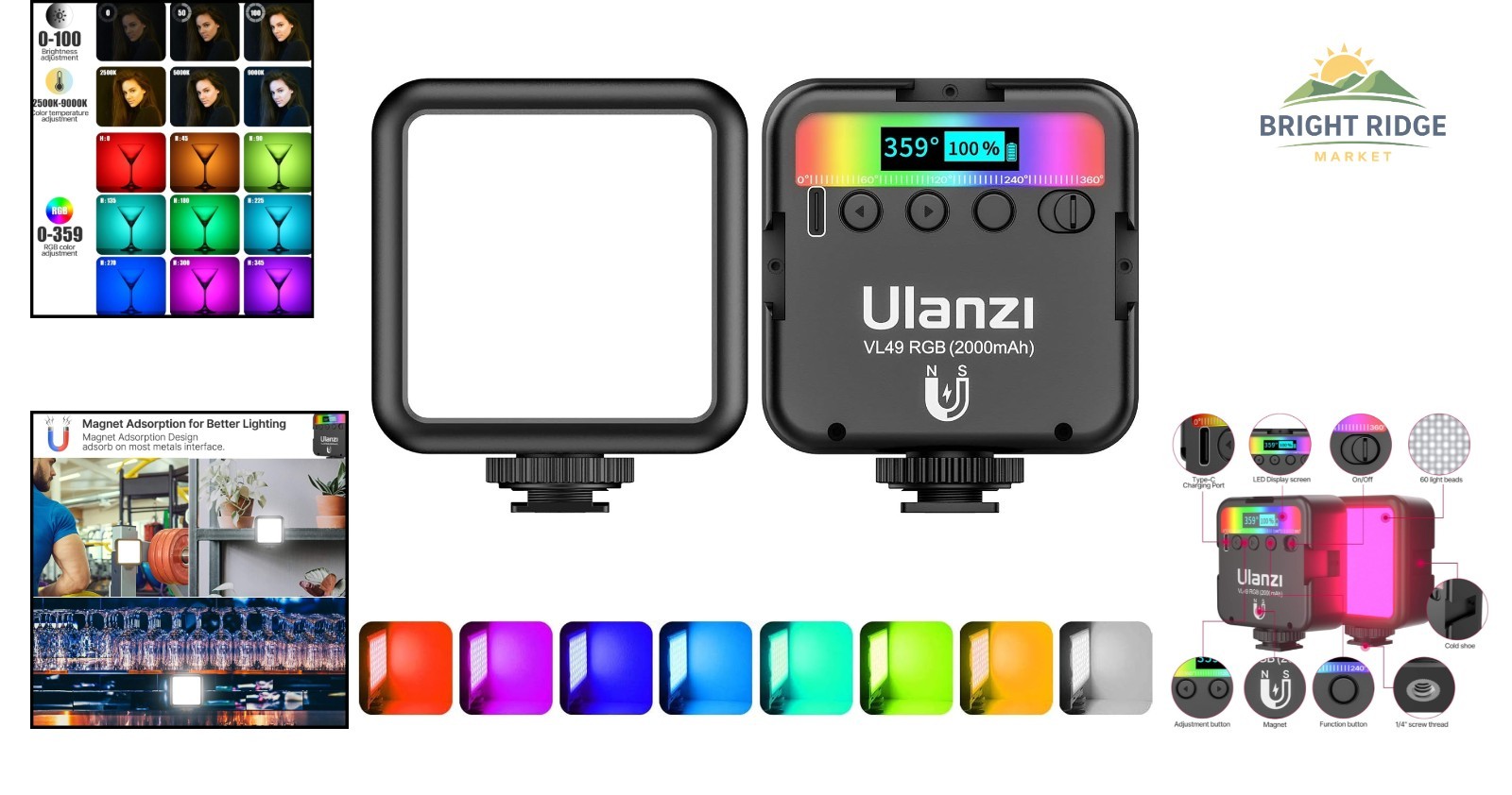 Rechargeable RGB Photography Light with Adjustable Color and Brightness Control