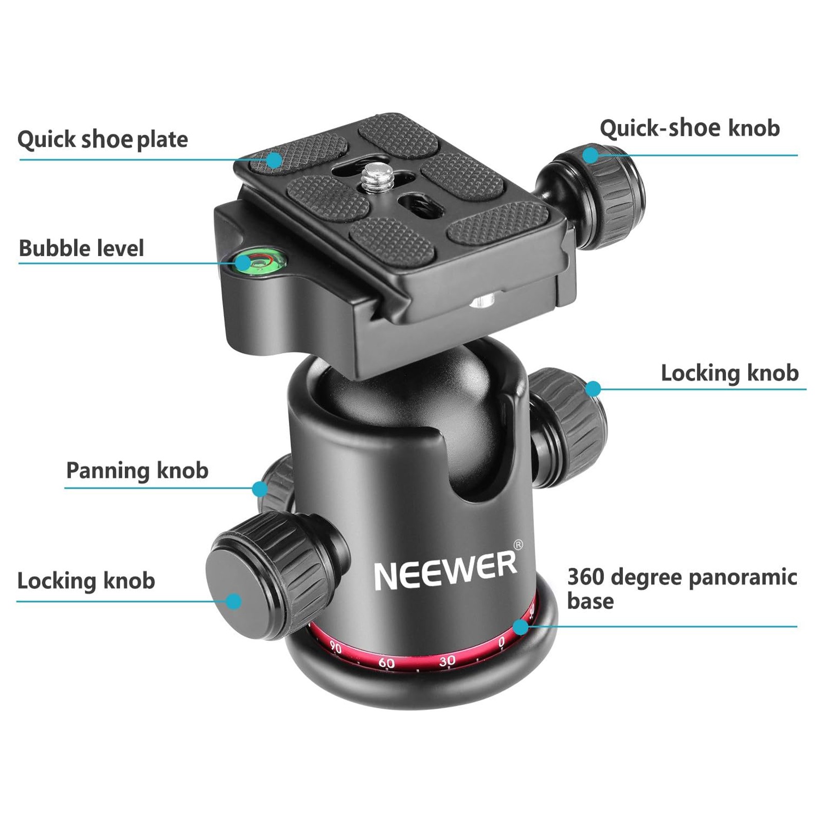 NEEWER Metal Rotating Panoramic Ball Head with 1/4”Arca Type Quick Release Plate