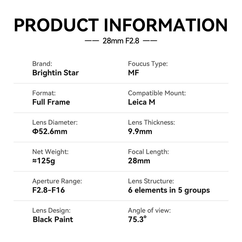 Brightin Star 28mm F2.8 Full Frame MF Lens for Leica M-Mount M240 M10 M10P M11