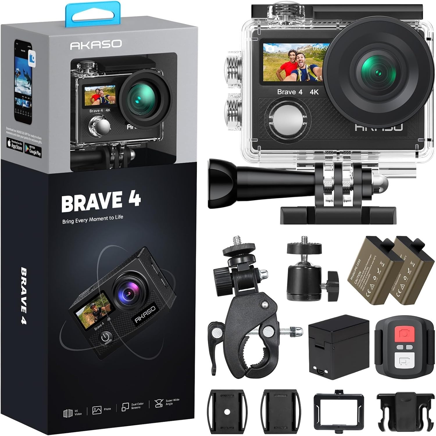 AKASO Brave 4 Action Camera Ultra HD Video 20MP Photo 2X Batteries for Travel