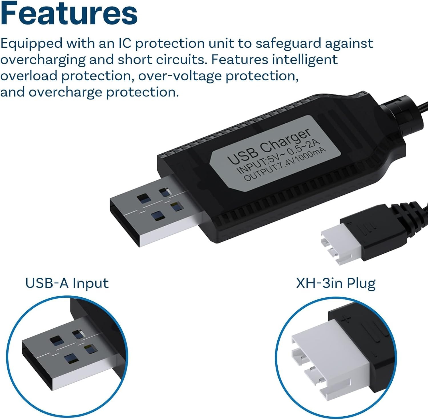 Durable 2FT USB Charger for 7.4V LiPo & Li-ion Batteries – Perfect for RC Drones