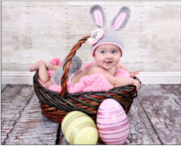 New NEWBORN BABY (0-1m) Girl CROCHET 2Pc Grey RABBIT Set Photography Prop Outfit