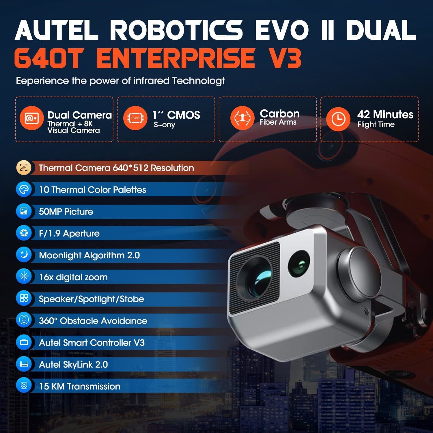 Autel EVO II Dual 640T V3 Enterprise Drone Infrared 3D Obstacle Thermal Drone
