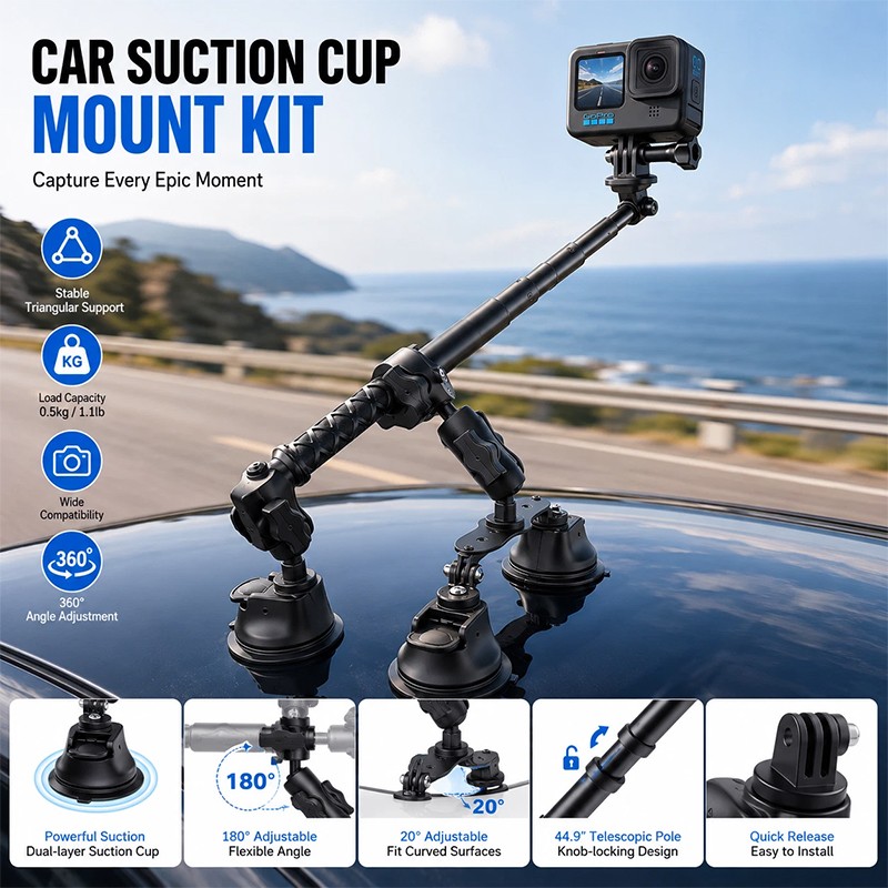 Car Suction Cup Mount Bracket+Selfie Stick For Insta360 X5 X4 X3 X2 DJI Camera