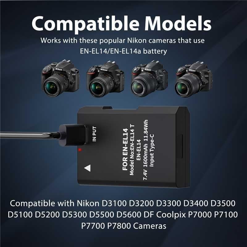 EN-EL14 EN-EL14a Battery 1600mAh 2-Pack with USB-C Fast Charging Cable for Ni…
