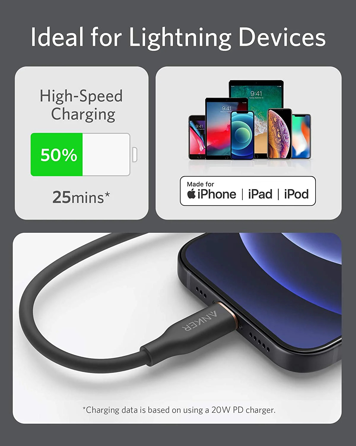 Anker b641/b USB-C to Lightning Cable (Flow, 3 ft Silicone)