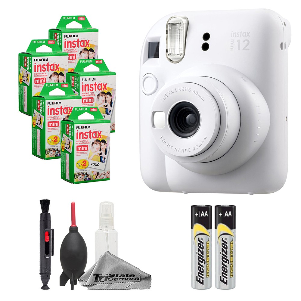 Fujifilm Instax Mini 12 Camera (Clay White) w/ 100 Mini Film & Cleaning Kit