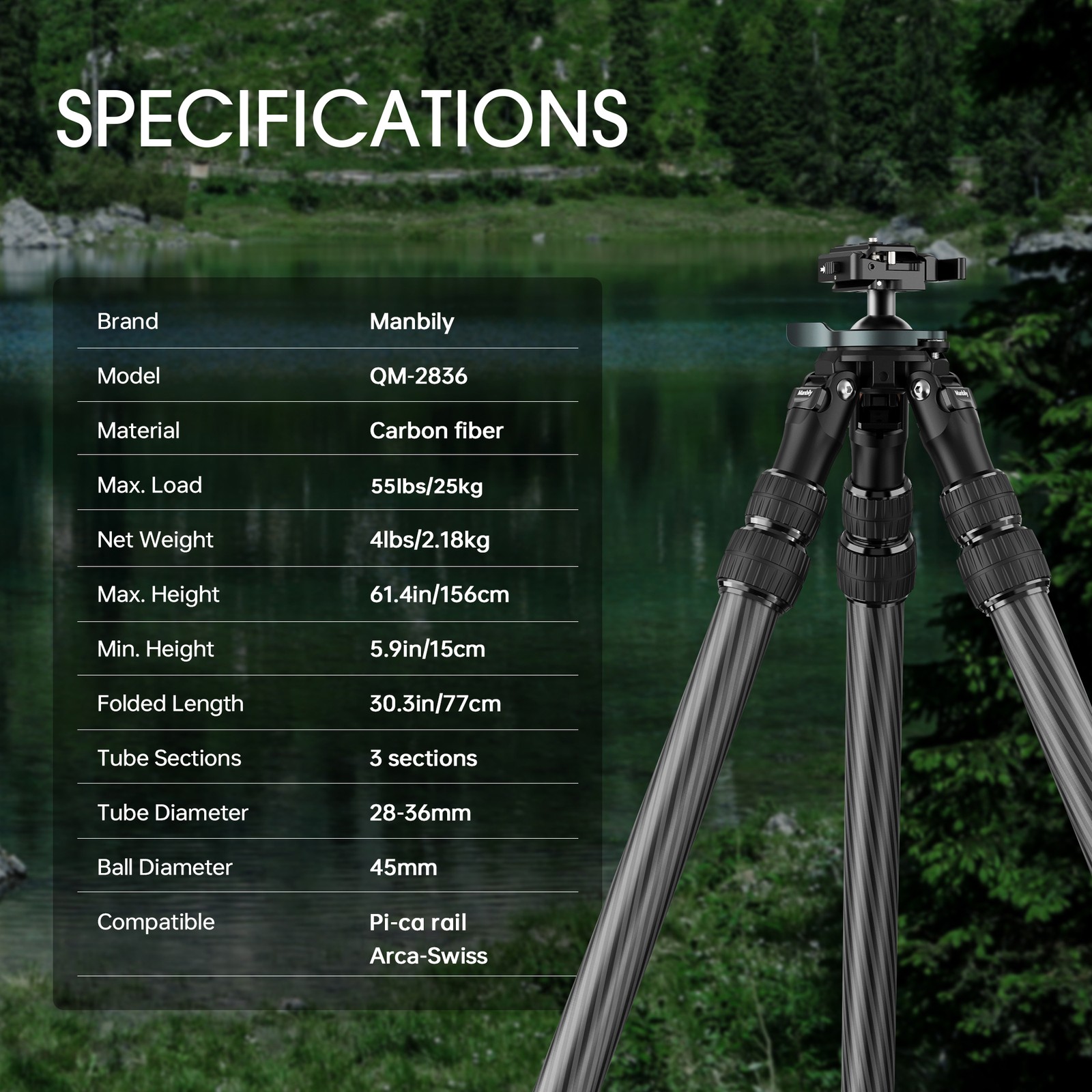 Manbily Carbon Fiber Inverted Hunting Tripod Picatinny Arca Swiss Adapters NEW