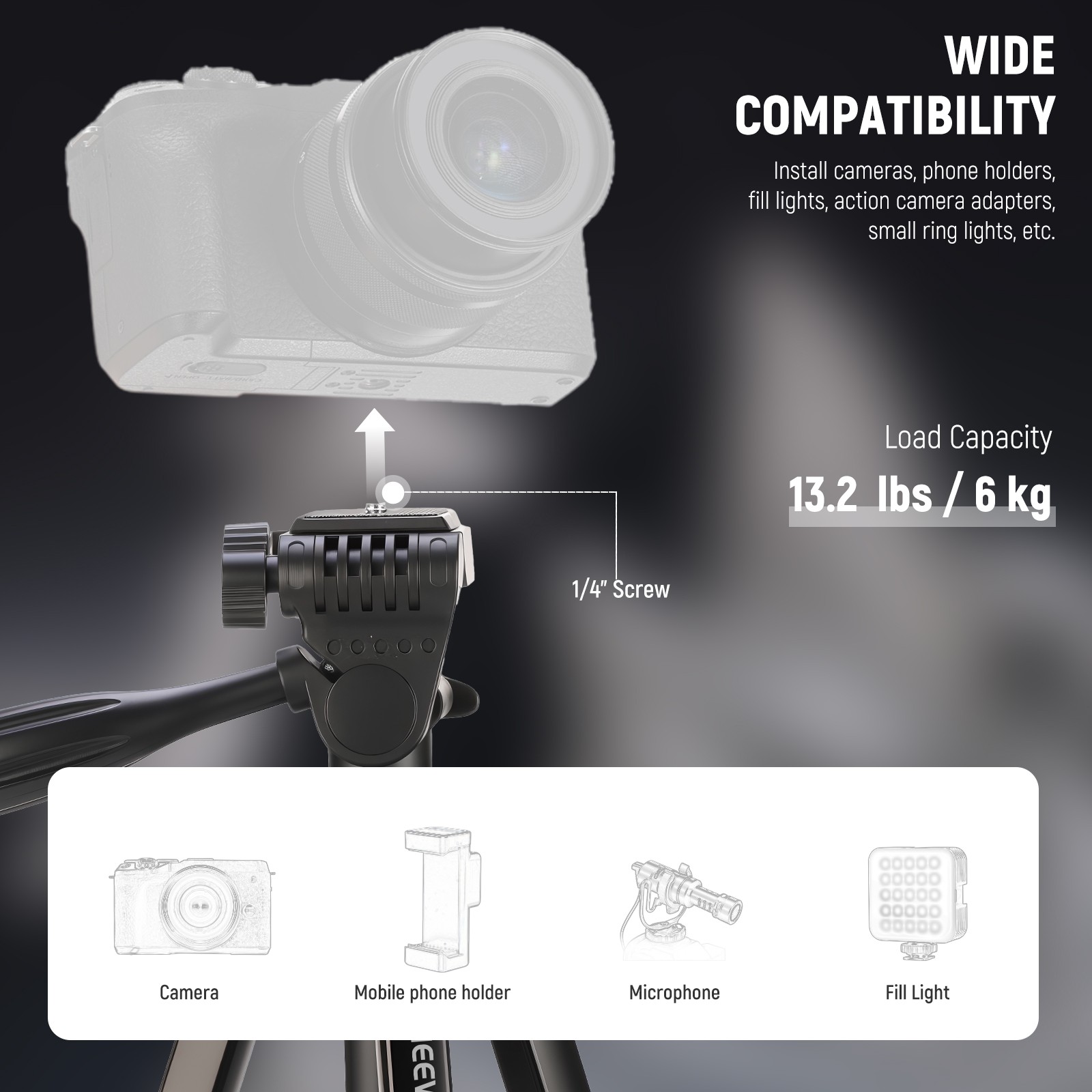 NEEWER TP53D Phone & Camera Tripod w/Cold Shoe, Lightweight