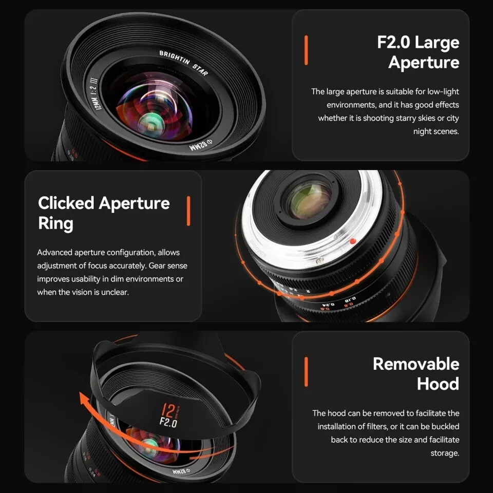 Brightin Star 12mm F2.0 III Ultra Wide-Angle Lens Fr Canon EFM/RF Sony E Z X M43