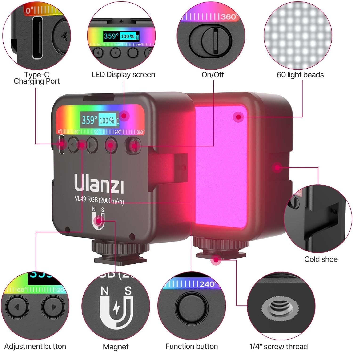 Rechargeable RGB Photography Light with Adjustable Color and Brightness Control