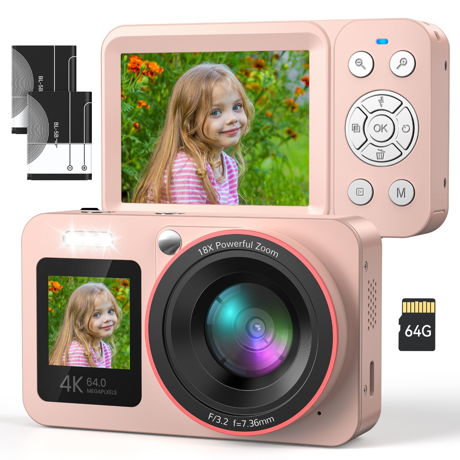 Digital Camera for Children Kids with 64GB Card 44MP 4k Dual Screen 16X Zoom