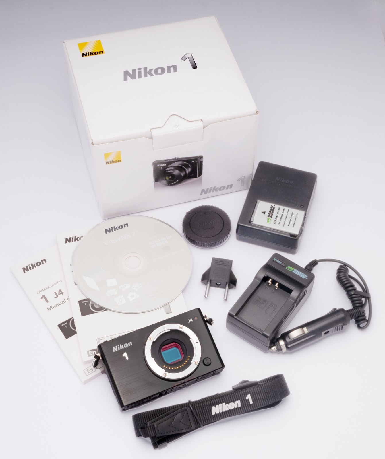 NIKON 1 J4 BODY BLACK 2-CHARGERS (Car) BATTERY MANUAL BOX STRAP MIRRORLESS 18MP