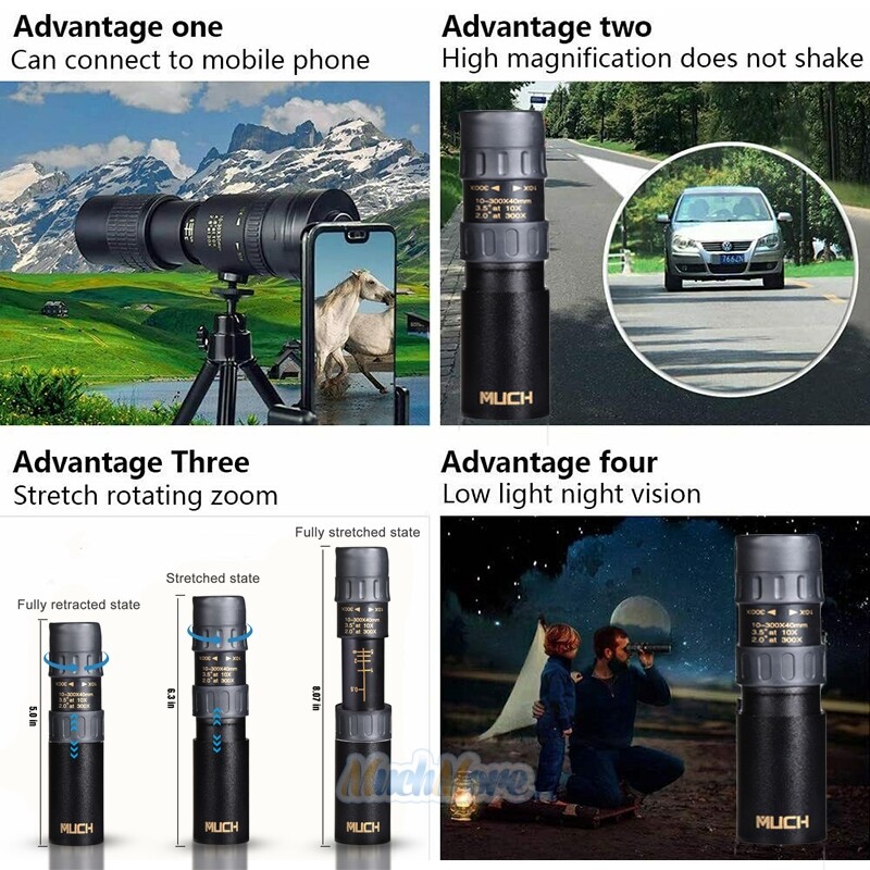 Waterproof 4K 10-300X40mm Zoom BAK4 HD Monocular Telescope Portable Night Vision