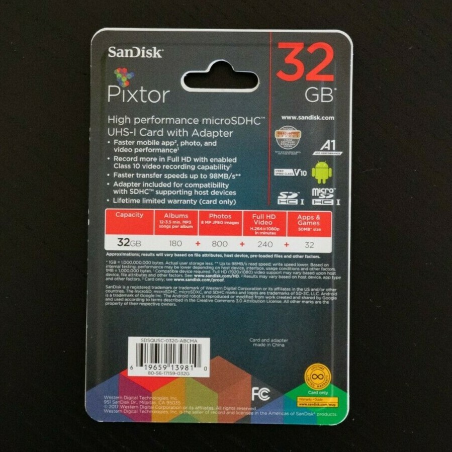 SanDisk Pixtor 32GB MICRO SD SDHC U3 80MB/S 1080p, 3D or 4K video.