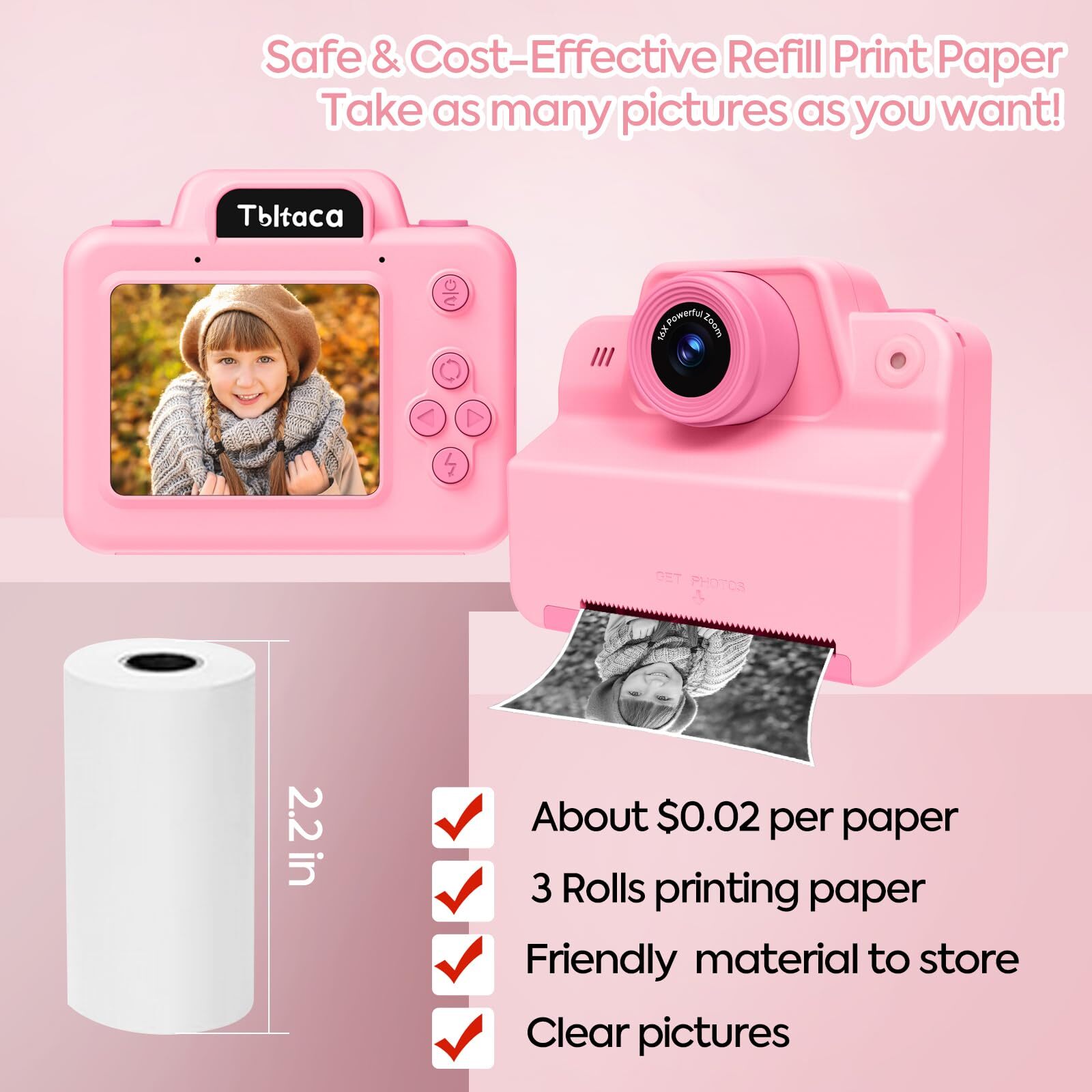 Kids Instant Print Camera 3-10 Year Old Girls Gift Portable Digital Travel