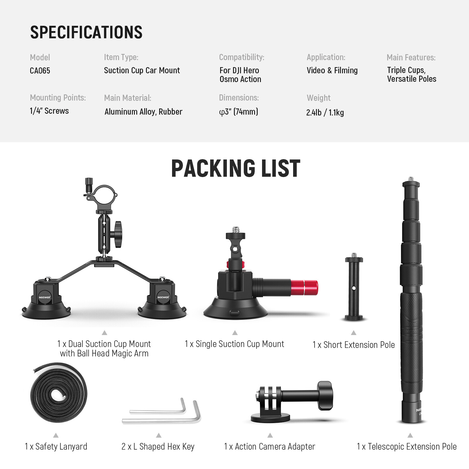 NEEWER 3-Suction Car Mount w/ Pole, Quick Release, GoPro/Insta360,CA065D