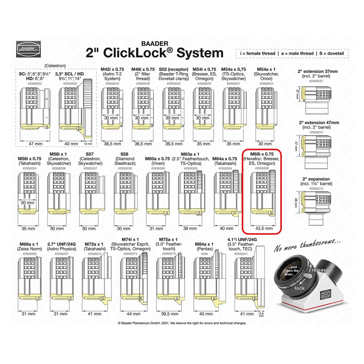 Baader 2″ Clicklock Clamp f/ Hexafoc Style Focusers (M68i Thread) CLES-2 2956269