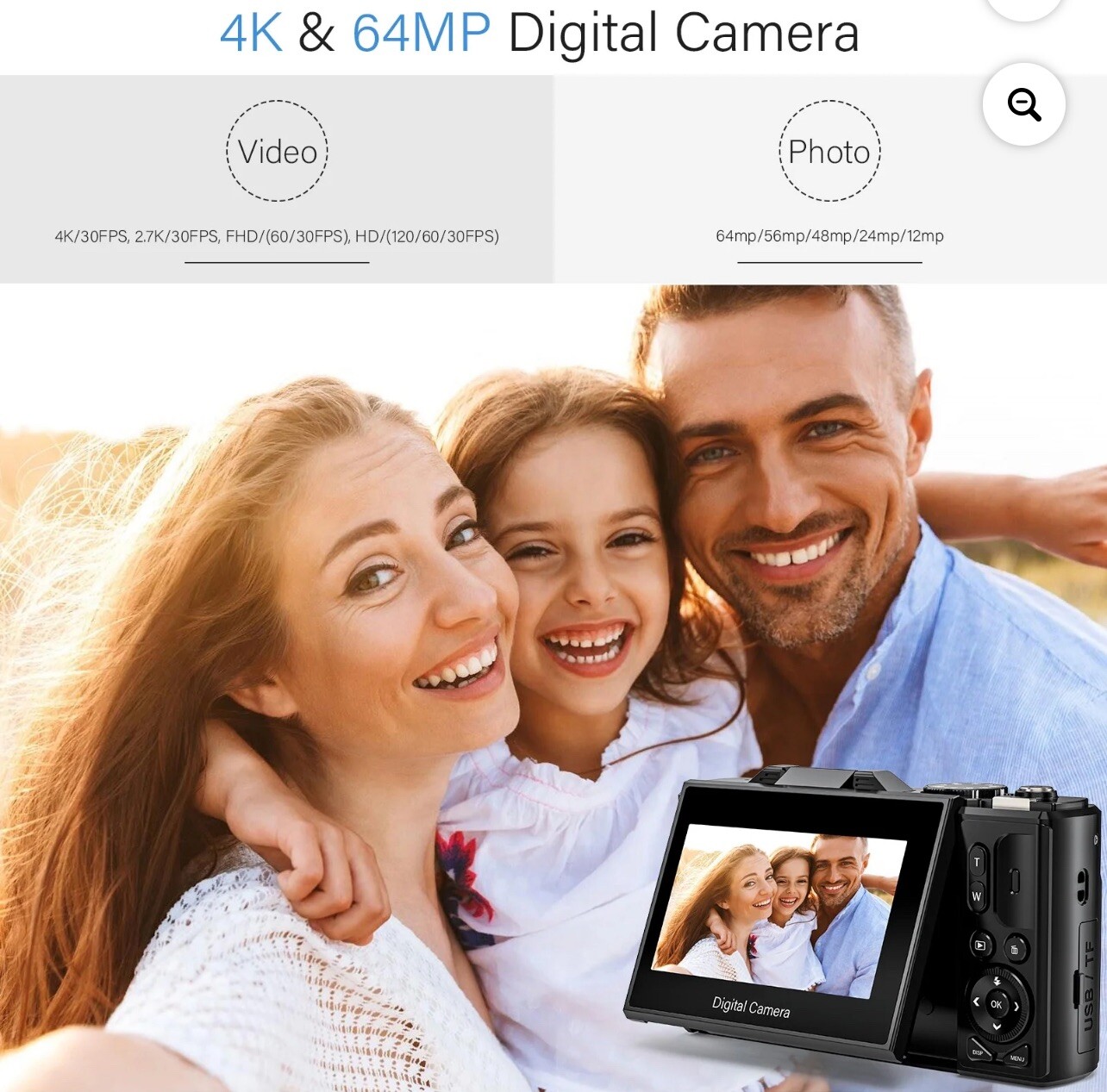 Digital Camera 4K 64MP Vlogging Auto-Focus 18X Zoom with 3″ 180° FlipScreen 32GB