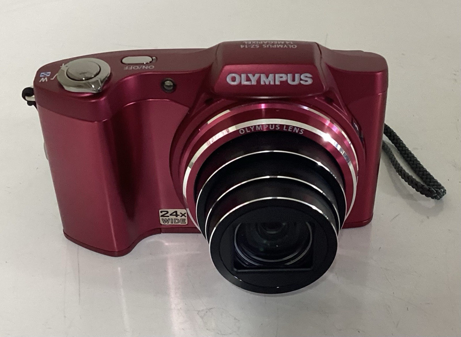OLYMPUS SZ-14 RED DIGITAL CAMERA W/ BATTERY, CHARGER, SD CARD, & POUCH—VERY NICE